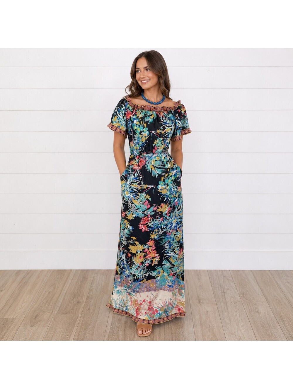 Flying Tomato Tropical Floral On/Off Shoulder Maxi Dress - Medium